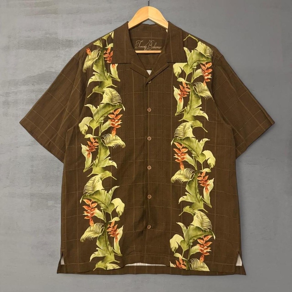 Tommy Bahama 100% Silk Button Down Brown Tropical Floral Camp Shirt Large